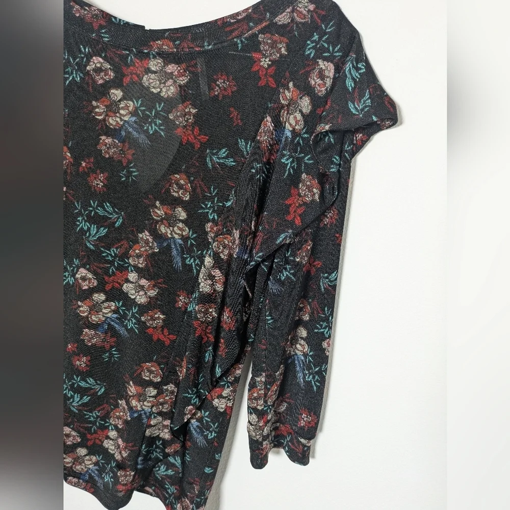 Free People EUC Womens Size Xs 3/4 Sleeve Floral Black Red Blouse Shirt Top Boho - Picture 5 of 14